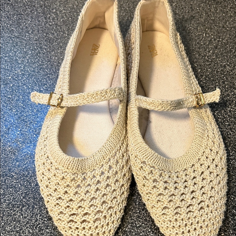 Zara Cream Crochet Mary Jane Flats with Gold Buckles